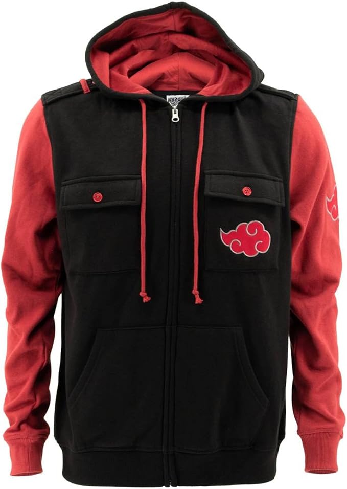 Ripple Junction Naruto Shippuden Men's Authentic Full Zip Hooded Sweatshirt w/Chest Pockets Black Red Officially Licensed